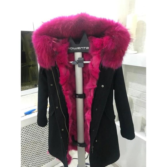 NEW POMKIN ROSE PINK FOX FUR BLACK WINTER COAT PARKA SIZE S SMALL 0/2 - Picture 7 of 12